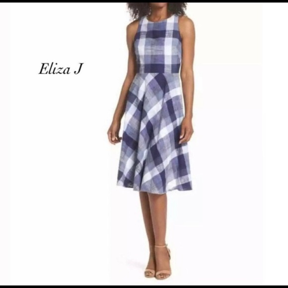 Eliza J Dresses & Skirts - Eliza J Gingham Checkered Blue White Dress Size 14